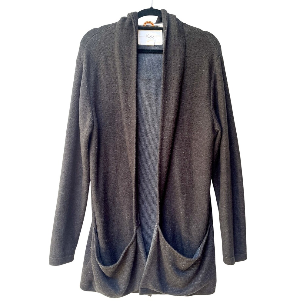 Koto Black Oversized Hooded‎ Duster Cardigan Open Sweater Size L Pockets